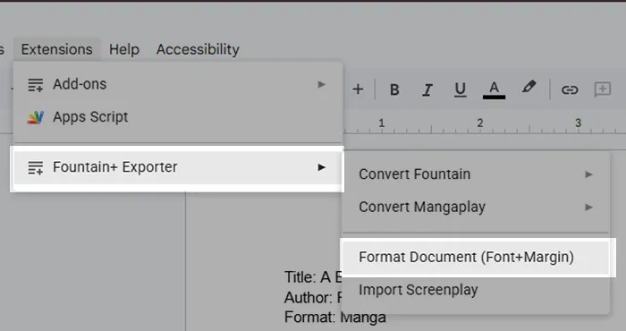 Install Fountain+ The Google Docs Addon format google doc screenplays with fountain+