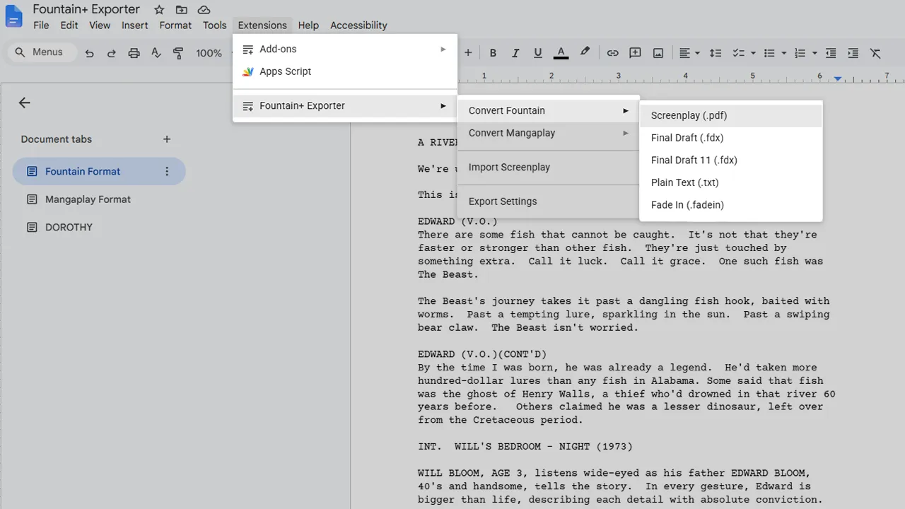 Fountain+ Exporter menu inside the Google Docs Extensions panel — export to Final Draft, Fade In, PDF, or Fountain