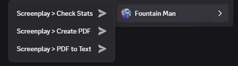 The Discord Apps menu showing Check Stats, Create PDF and PDF to Text under Screenplay