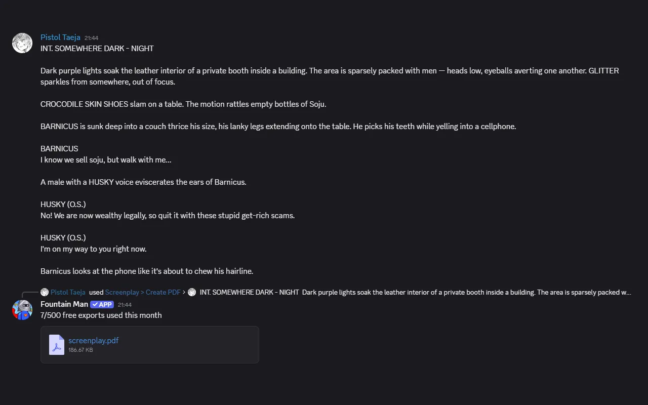 Fountain Man replying in a Discord channel with a formatted screenplay PDF attached